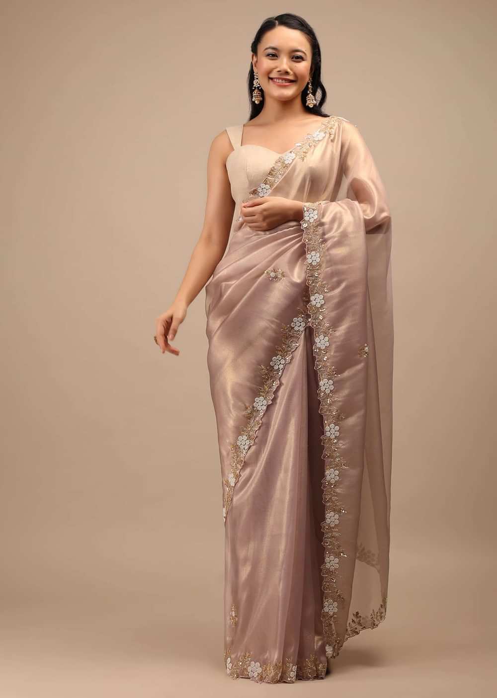 Mauve Tissue Saree In White Moti And Cut Dana Embroidery Buttis, Border Has Cutwork Embroidery Detailing