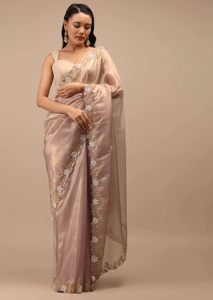 Mauve Tissue Saree In White Moti And Cut Dana Embroidery Buttis, Border Has Cutwork Embroidery Detailing