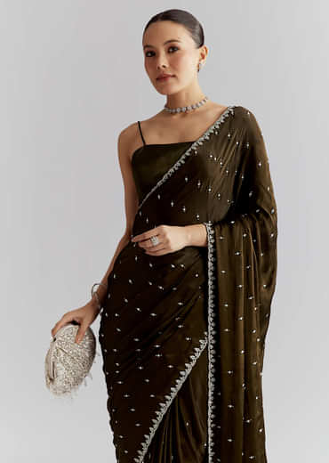 Mehendi Green Chinon Saree With Heavy Hand Embroidery