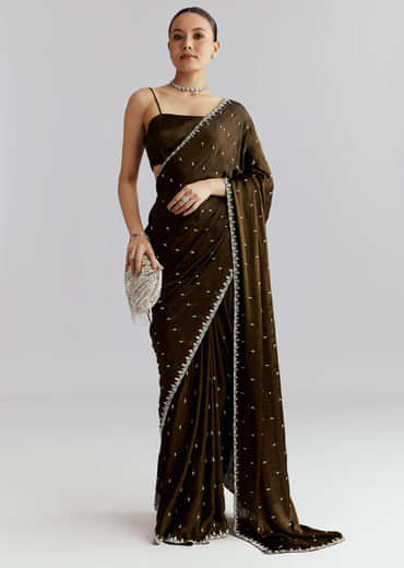 Mehendi Green Chinon Saree With Heavy Hand Embroidery