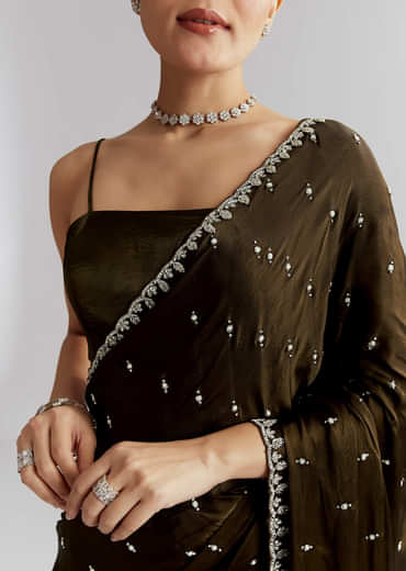 Mehendi Green Chinon Saree With Heavy Hand Embroidery