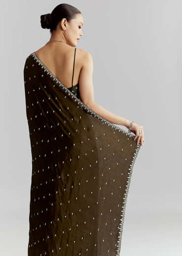 Mehendi Green Chinon Saree With Heavy Hand Embroidery