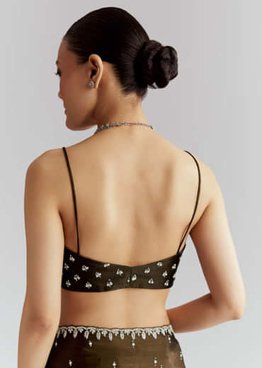 Mehendi Green Chinon Saree With Heavy Hand Embroidery