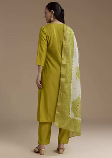 Mehendi Green Cotton Silk Kurta Set with Foil Mirror