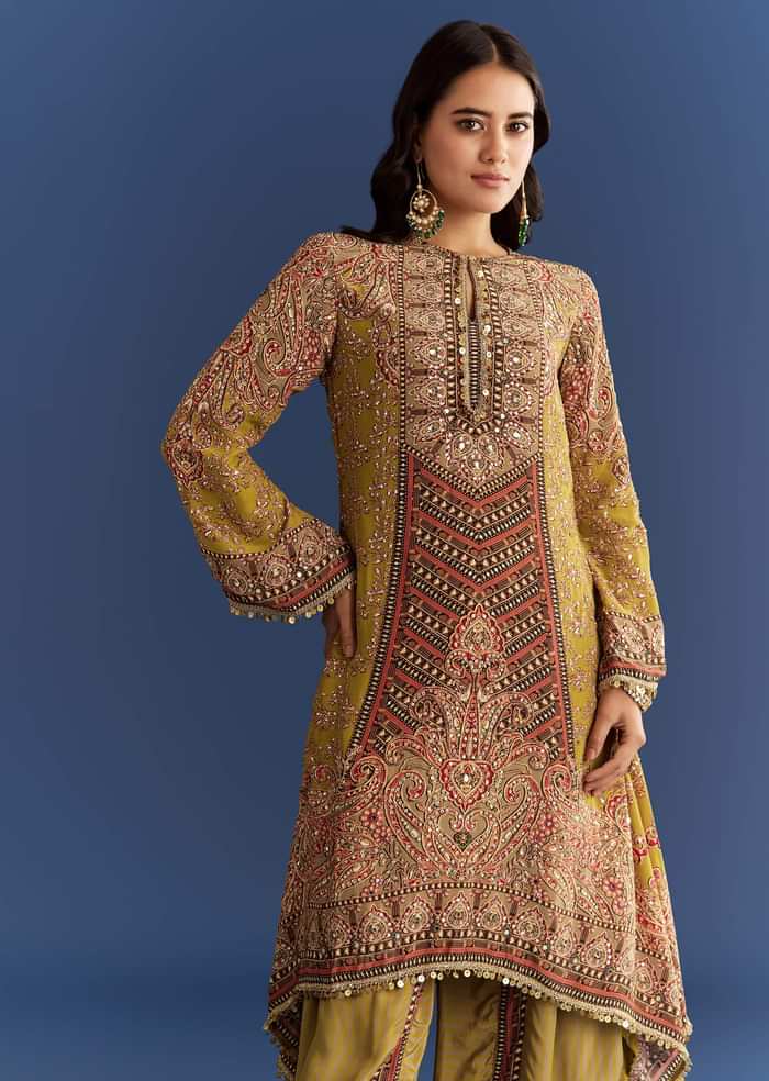 Mehendi Green Crepe Asymmetrical Printed Kurta With Striped Printed Dhoti