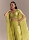 Mehendi Green Crepe Crop Top And Palazzo Set With Embroidered Cape