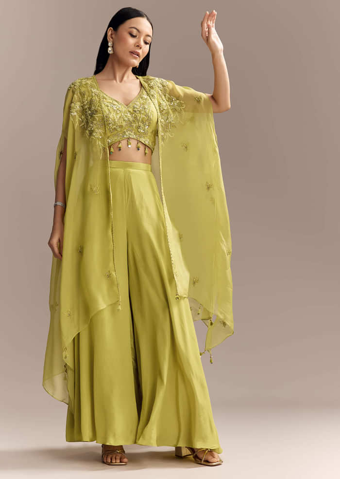 Mehendi Green Crepe Crop Top And Palazzo Set With Embroidered Cape