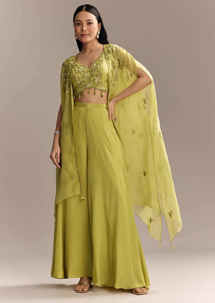 Mehendi Green Crepe Crop Top And Palazzo Set With Embroidered Cape
