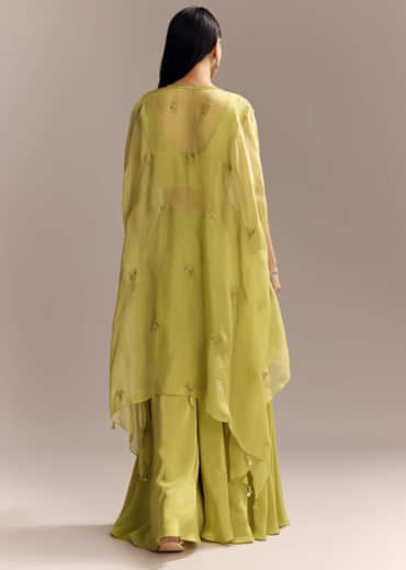 Mehendi Green Crepe Crop Top And Palazzo Set With Embroidered Cape