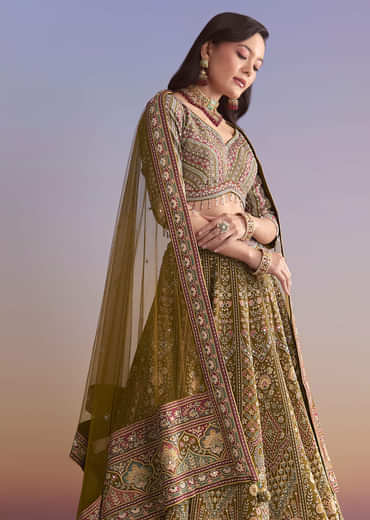 Mehendi Green Crepe Printed Bridesmaid Lehenga With Mirror And Sequin Work