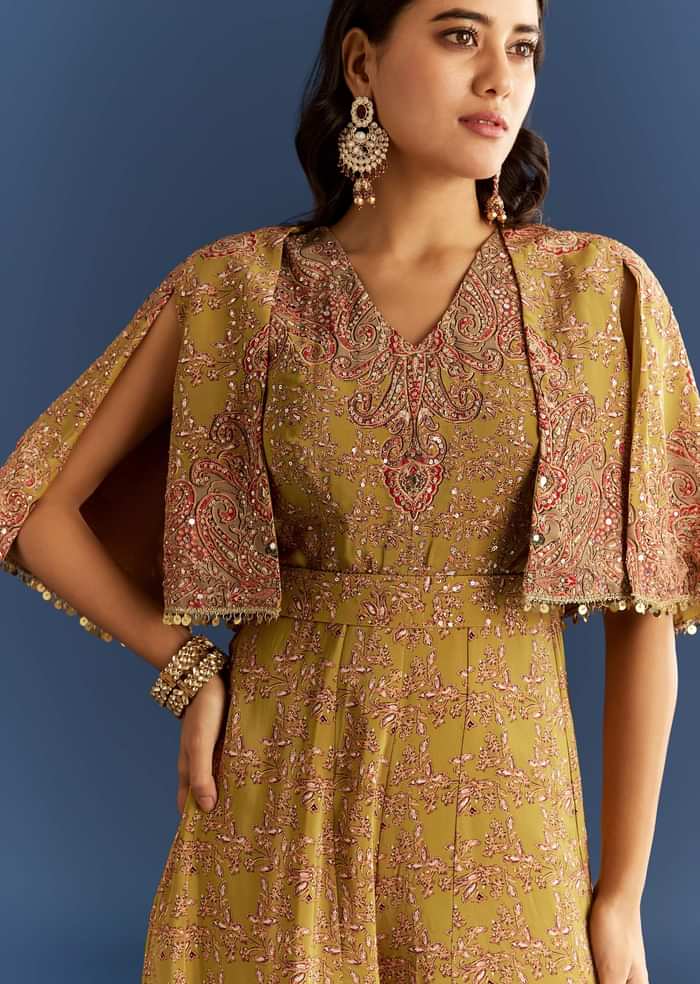 Mehendi Green Crepe Printed Jumpsuit With Mirror Sequins Work Cape And Belt