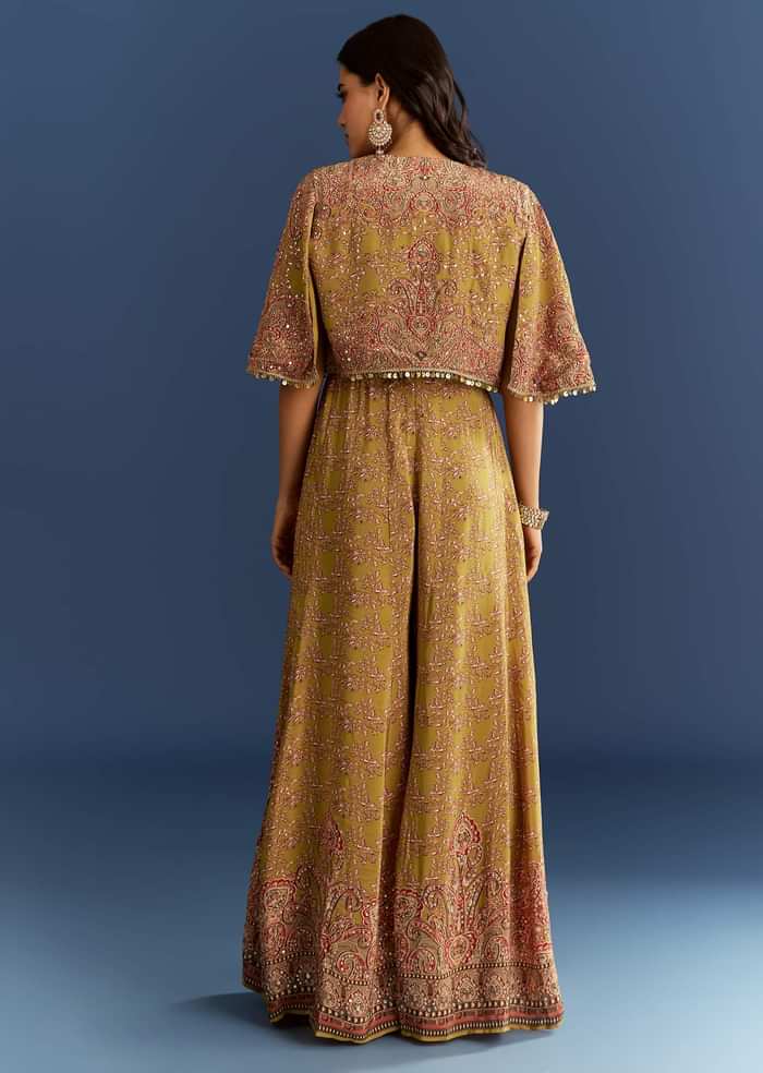 Mehendi Green Crepe Printed Jumpsuit With Mirror Sequins Work Cape And Belt