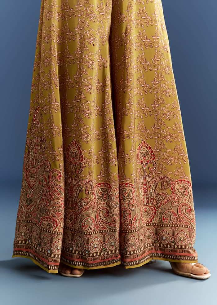 Mehendi Green Crepe Printed Jumpsuit With Mirror Sequins Work Cape And Belt