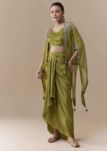 Mehendi Green Crop Top Draped Skirt Set with Sequin Cape