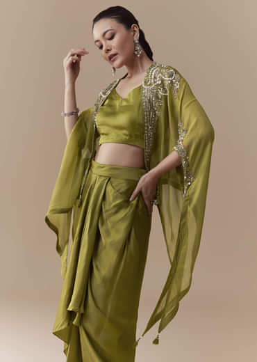 Mehendi Green Crop Top Draped Skirt Set with Sequin Cape