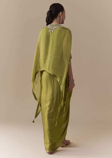 Mehendi Green Crop Top Draped Skirt Set with Sequin Cape