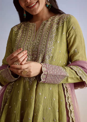 Mehendi Green Crush Tissue Sharara Suit With Zari Sequins