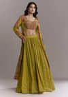 Mehendi Green Georgette Embroidery Crop Top And Printed Jacket With Skirt