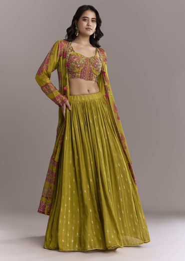 Mehendi Green Georgette Crop Top And Printed Skirt Set With Embroidery
