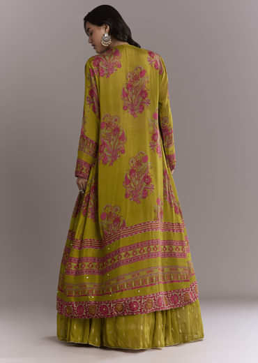 Mehendi Green Georgette Crop Top And Printed Skirt Set With Embroidery