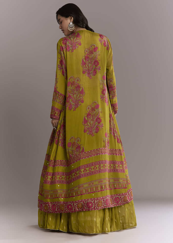 Mehendi Green Georgette Embroidery Crop Top And Printed Jacket With Skirt