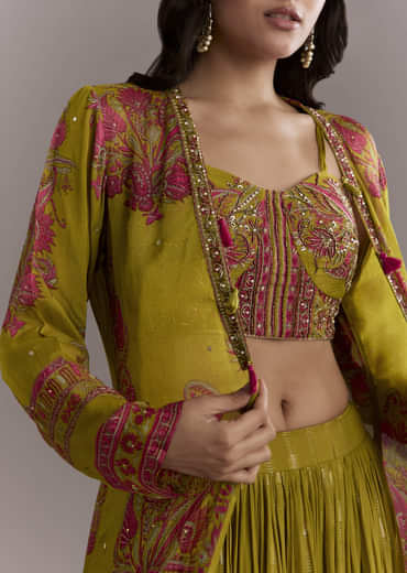 Mehendi Green Georgette Crop Top And Printed Skirt Set With Embroidery