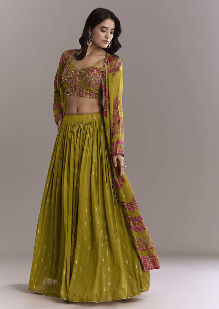 Mehendi Green Georgette Embroidery Crop Top And Printed Jacket With Skirt