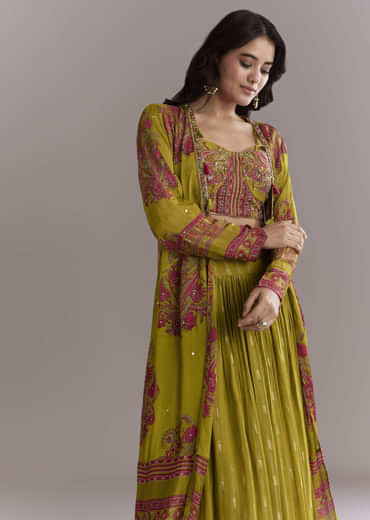 Mehendi Green Georgette Crop Top And Printed Skirt Set With Embroidery