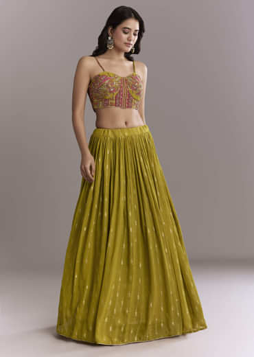 Mehendi Green Georgette Crop Top And Printed Skirt Set With Embroidery