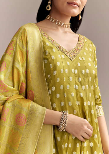 Mehendi Green Jacquard Anarkali Suit With Woven Brocade Dupatta