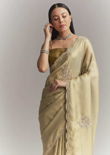 Mehendi Green Jacquard Tissue Embroidered Saree With Heavy Embroidery