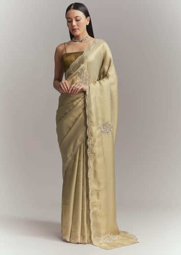 Mehendi Green Jacquard Tissue Embroidered Saree With Heavy Embroidery