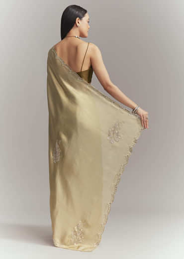 Mehendi Green Jacquard Tissue Embroidered Saree With Heavy Embroidery