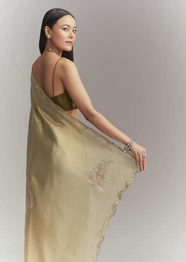 Mehendi Green Jacquard Tissue Embroidered Saree With Heavy Embroidery