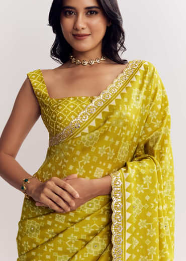Mehendi Green Muslin Ajrakh Printed Saree With Gota And Mirror Work