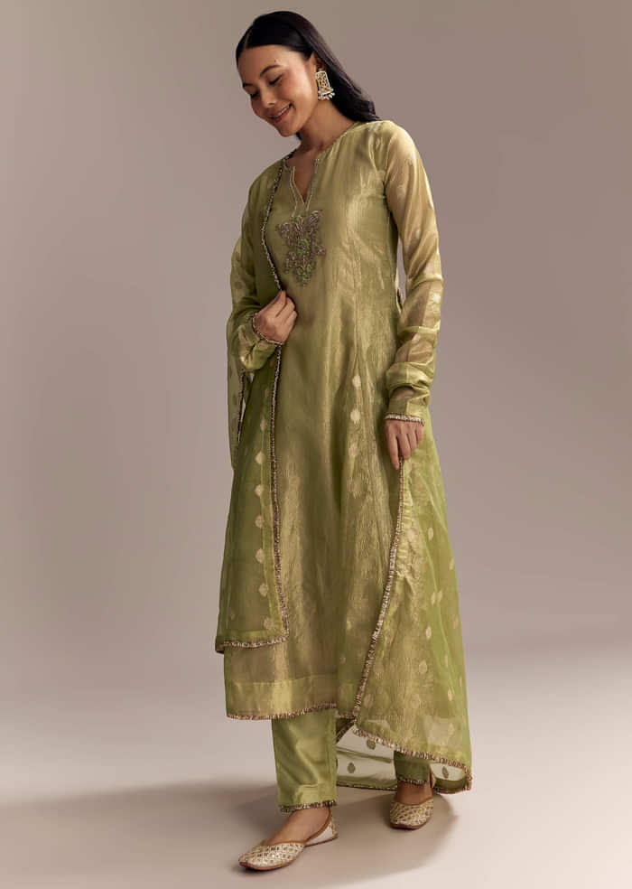 Mehendi Green Tissue Anarkali Suit With Zardosi Work