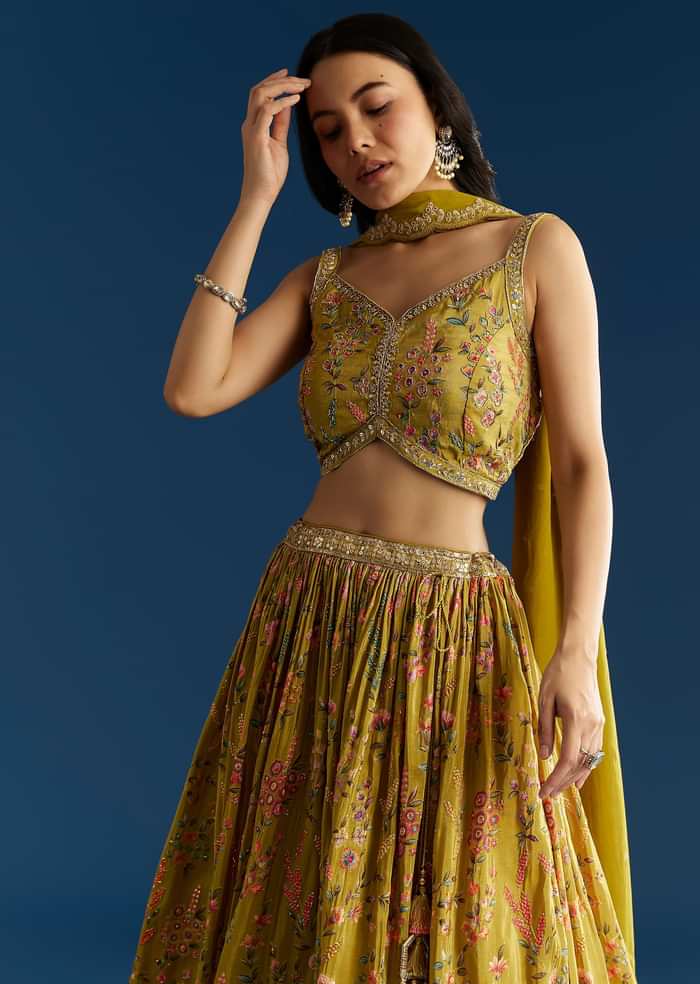 Mehendi Green Tissue Silk Lehenga With Zardosi Sequin Choli And Printed Dupatta