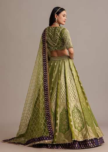 Mehendi Green Banarasi Silk Lehenga Set With Zardosi Work