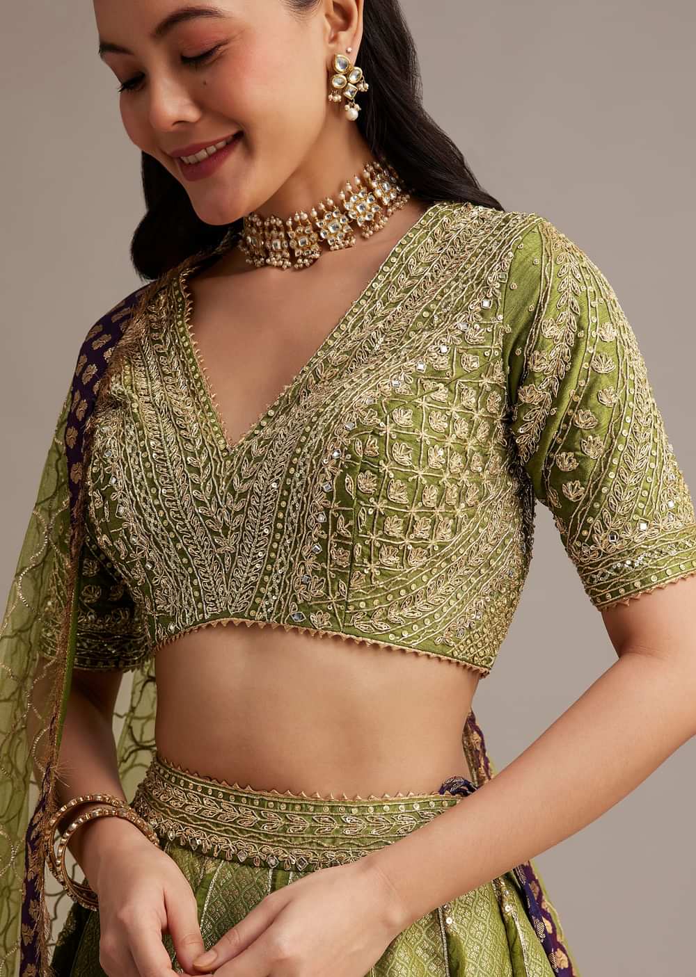 Mehendi Green Banarasi Silk Lehenga Set With Zardosi Work