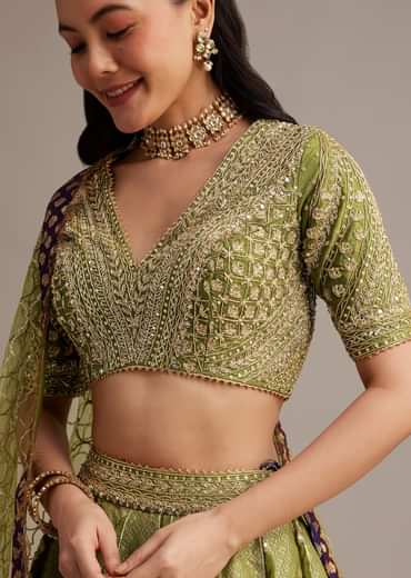 Mehendi Green Banarasi Silk Lehenga Set With Zardosi Work