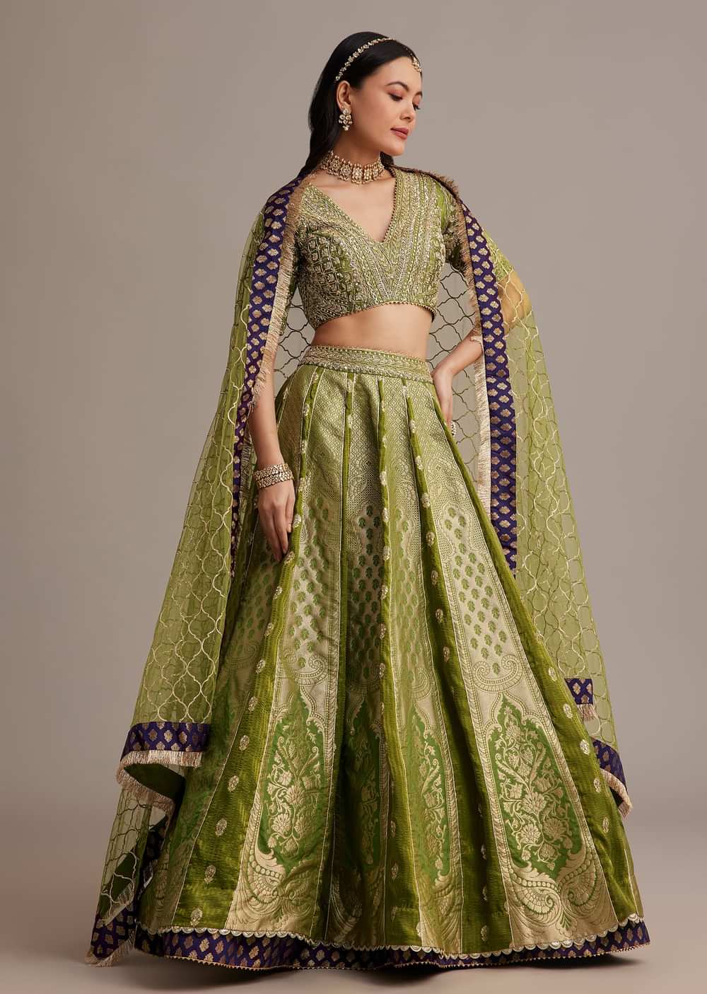Mehendi Green Banarasi Silk Lehenga Set With Zardosi Work