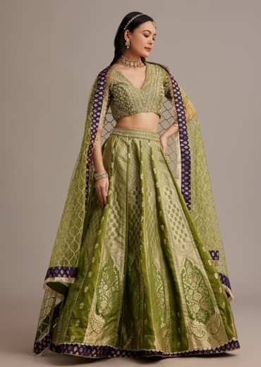 Mehendi Green Banarasi Silk Lehenga Set With Zardosi Work
