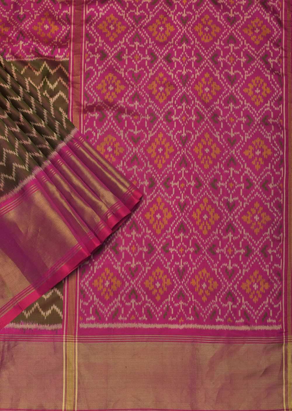 Mehendi Green Cotton Silk Saree With Rajkot Patola Work And Unstitched Blouse Fabric