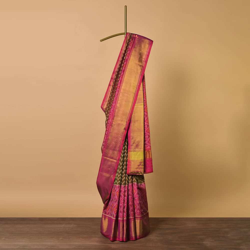 Mehendi Green Cotton Silk Saree With Rajkot Patola Work And Unstitched Blouse Fabric