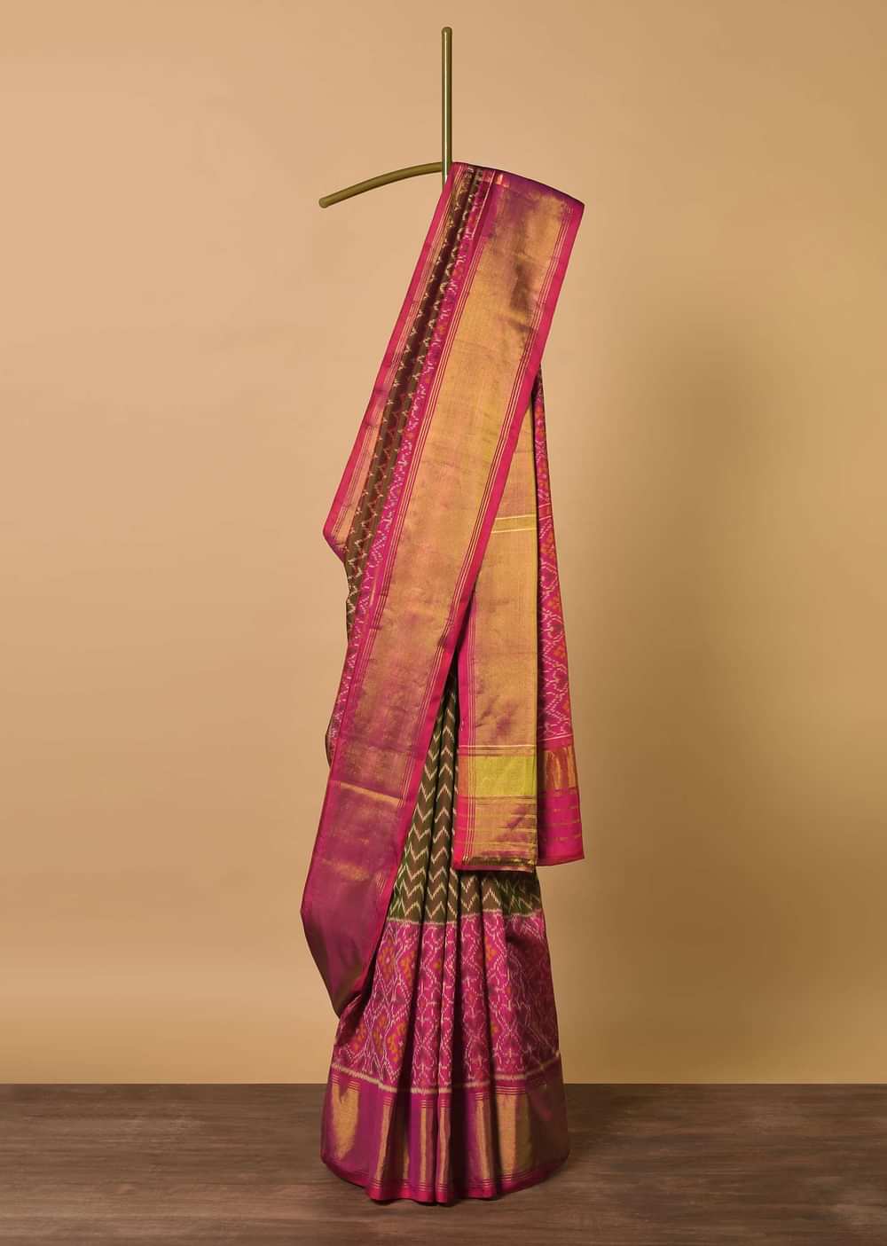 Mehendi Green Cotton Silk Saree With Rajkot Patola Work And Unstitched Blouse Fabric