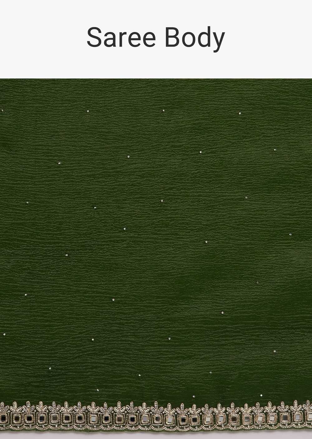 Mehendi Green Crushed Tissue Saree With Embellished Border
