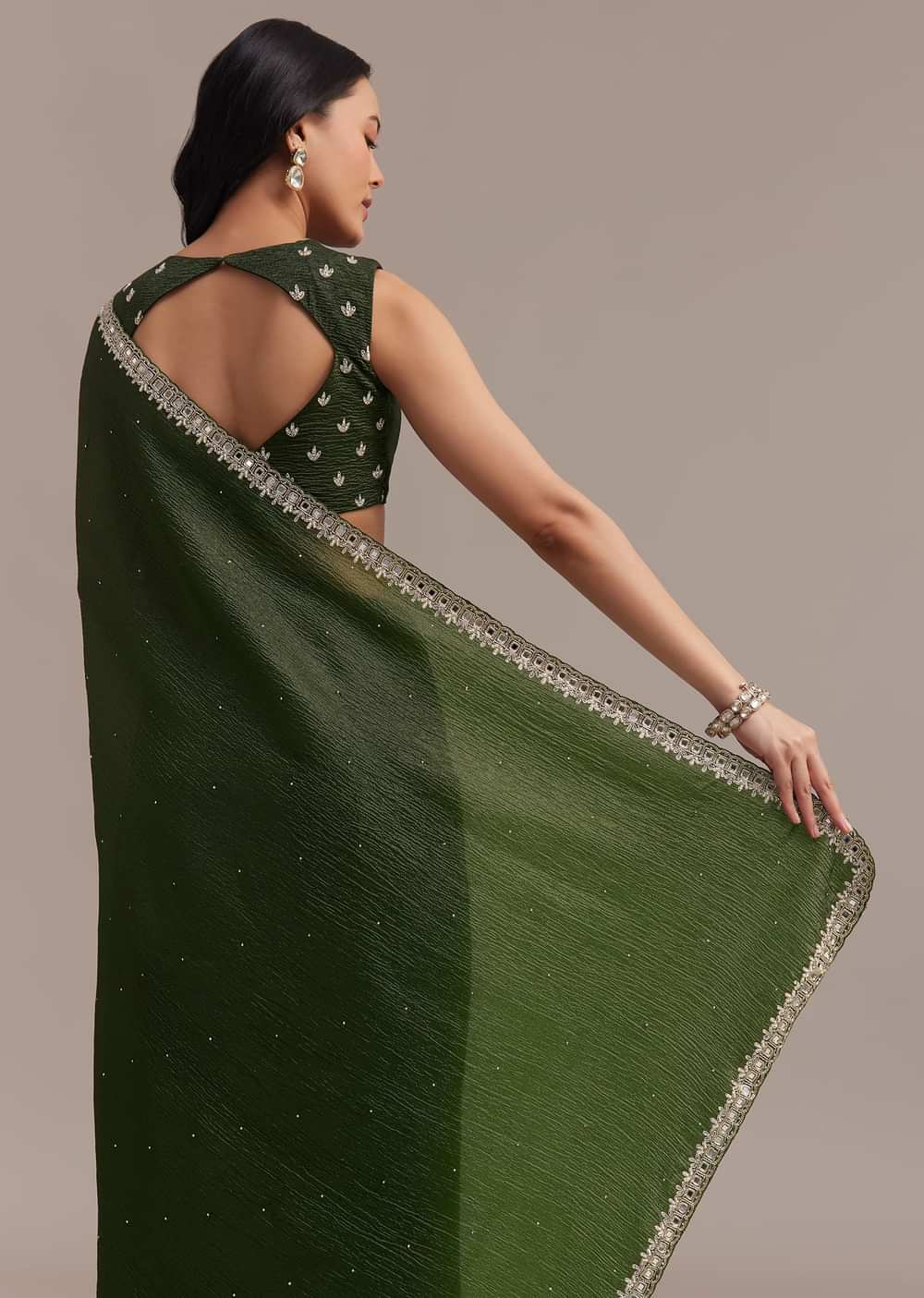 Mehendi Green Crushed Tissue Saree With Embellished Border