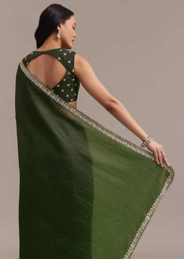 Mehendi Green Crushed Tissue Saree With Embellished Border