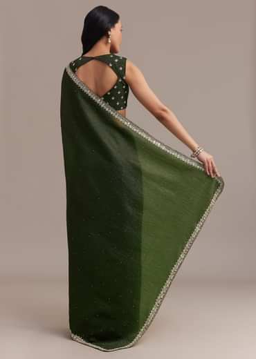 Mehendi Green Crushed Tissue Saree With Embellished Border