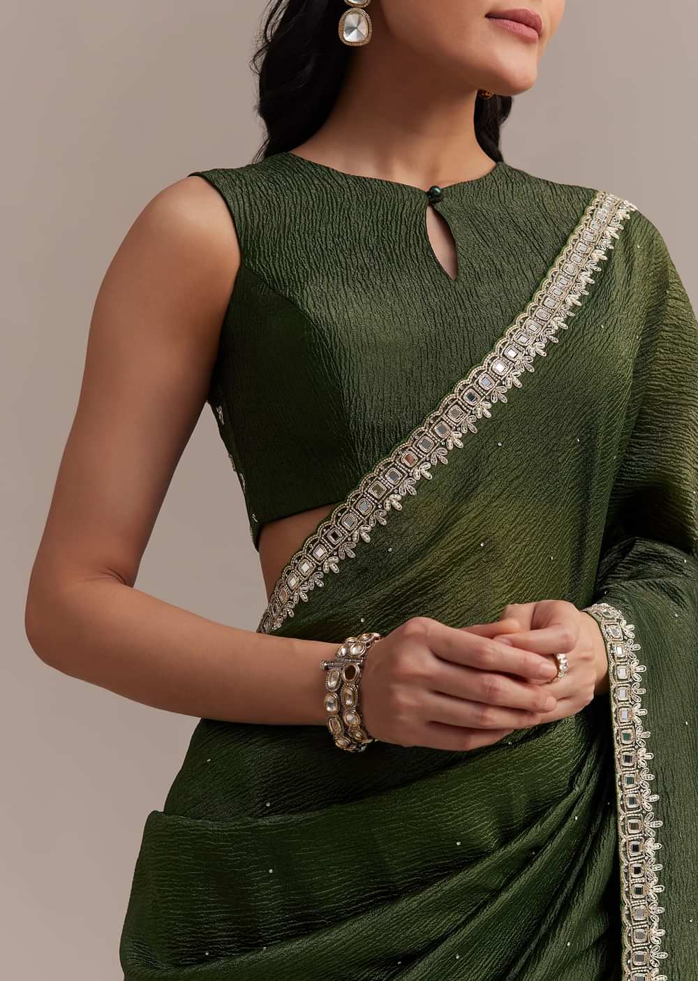 Mehendi Green Crushed Tissue Saree With Embellished Border